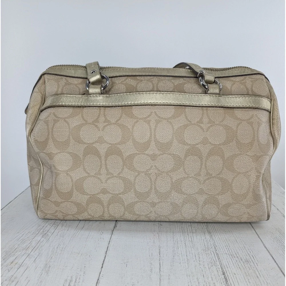 Coach Heritage Stripe Satchel Khaki Gold Signature Canvas Bag F14478